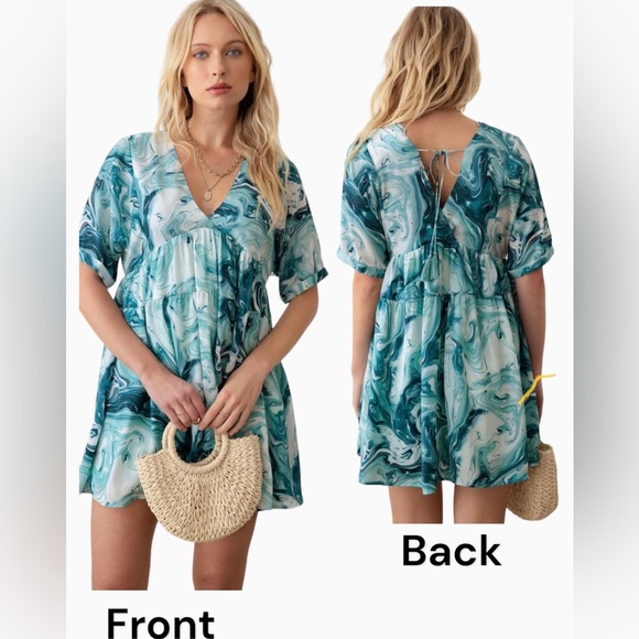 Boho Print Deep V-Neck Back Tie Mini Dress Size M - Picture 3 of 10